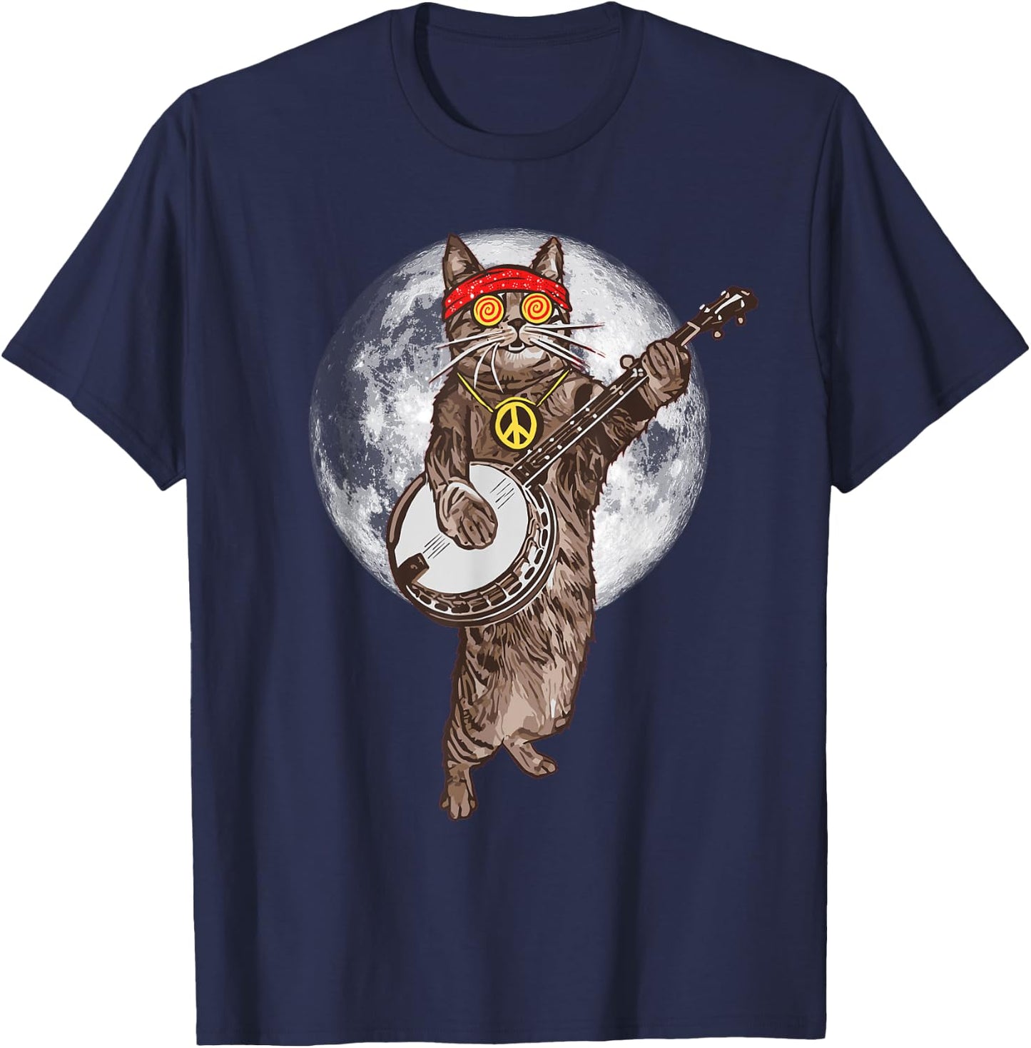 Psychedelic Hippie Banjo Cat! Funny Bluegrass Music T-Shirt - T-Shirt | Navy