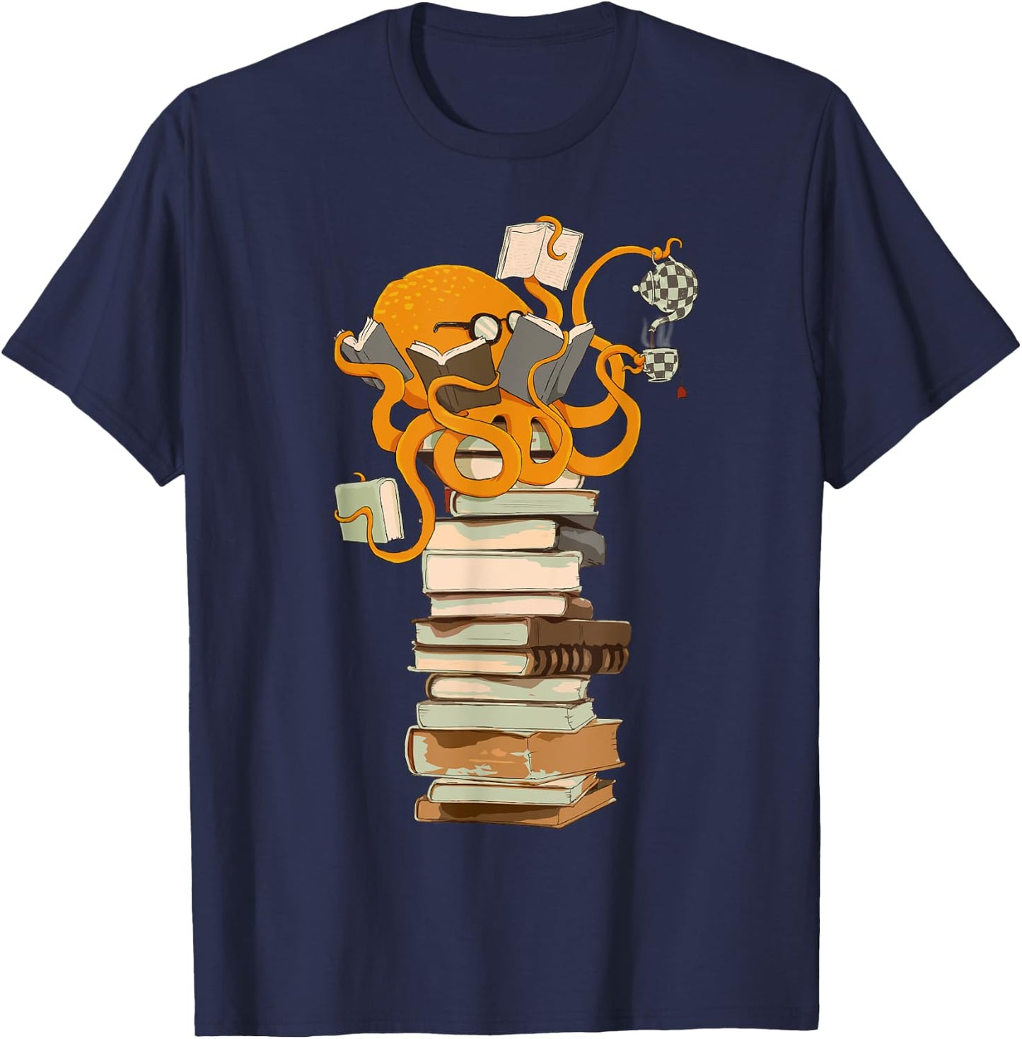 Reading Octopus, Tea, Coffee and Books Gift T-Shirt - T-Shirt | Navy