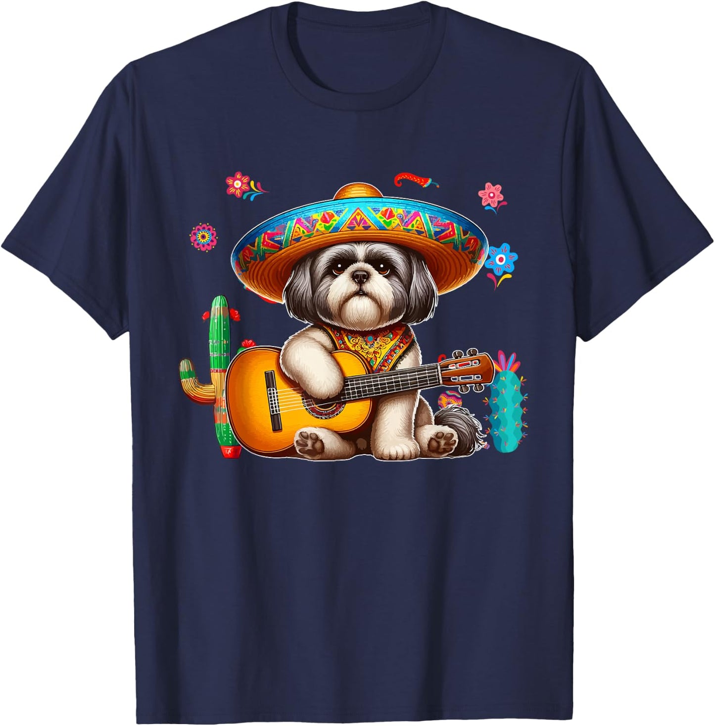 Shih Tzu Sombrero Mexican Guitar Cinco De Mayo Owner T-Shirt - T-Shirt | Navy