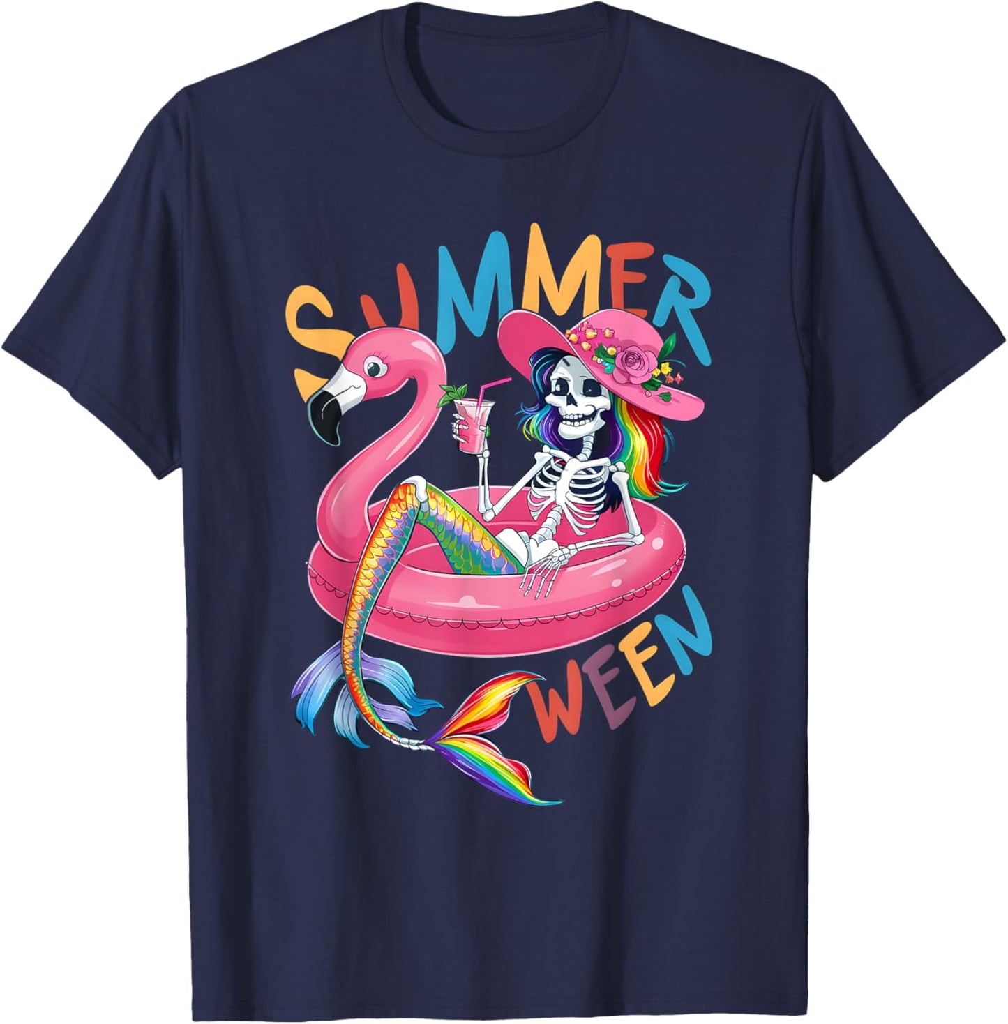 Summerween Mermaid Skeleton Flamingo Summer Halloween Women T-Shirt - T-Shirt | Navy