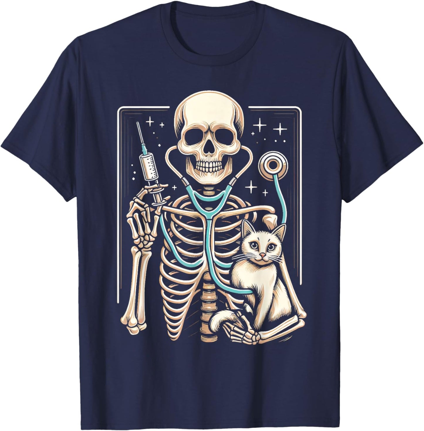 Skeleton Hug Cat Vet Tech Veterinarian Veterinary Halloween T-Shirt - T-Shirt | Navy
