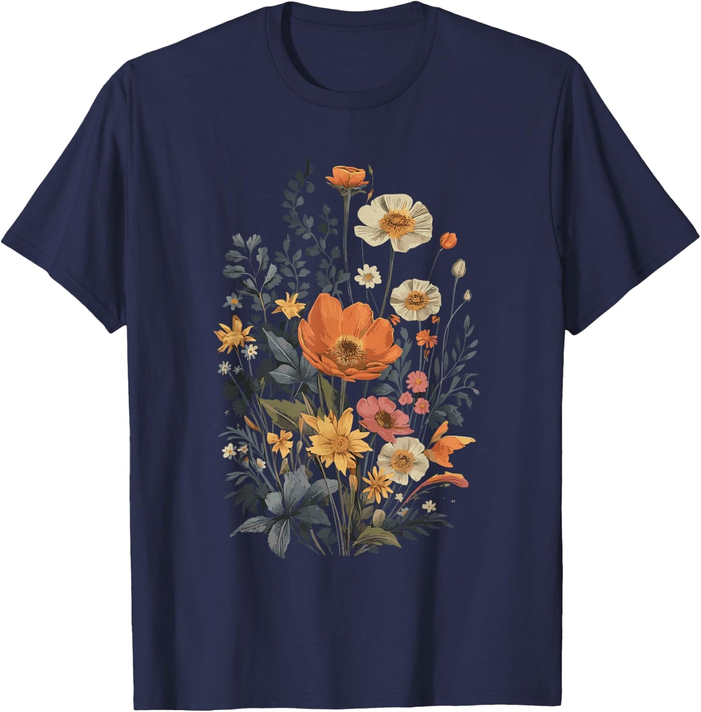 Vintage Flowers Floral Pressed Flower T-Shirt - T-Shirt | Navy
