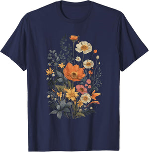 Vintage Flowers Floral Pressed Flower T-Shirt - T-Shirt | Navy