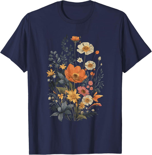 Vintage Flowers Floral Pressed Flower T-Shirt - T-Shirt | Navy