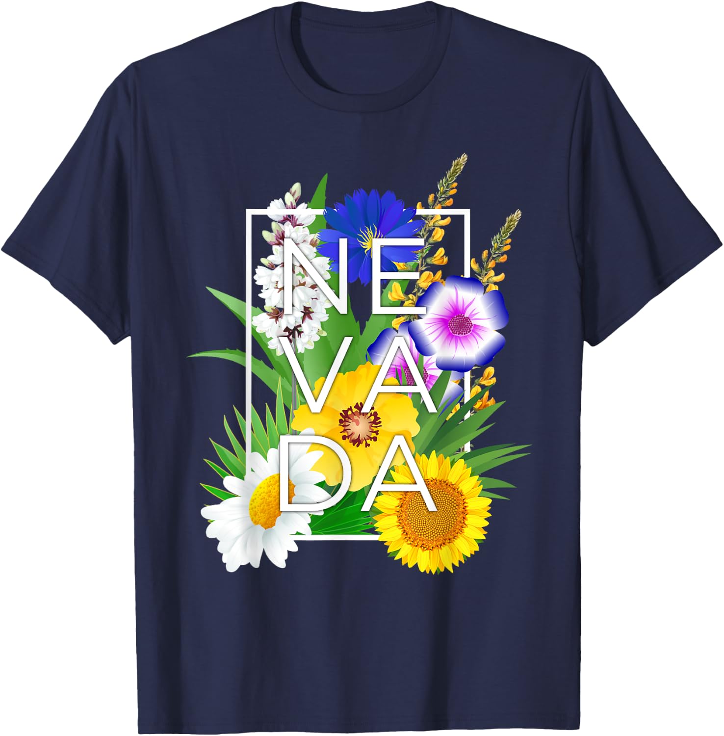 Flowers of Nevada Word Art - Nevadan State Pride T-Shirt - T-Shirt | Navy