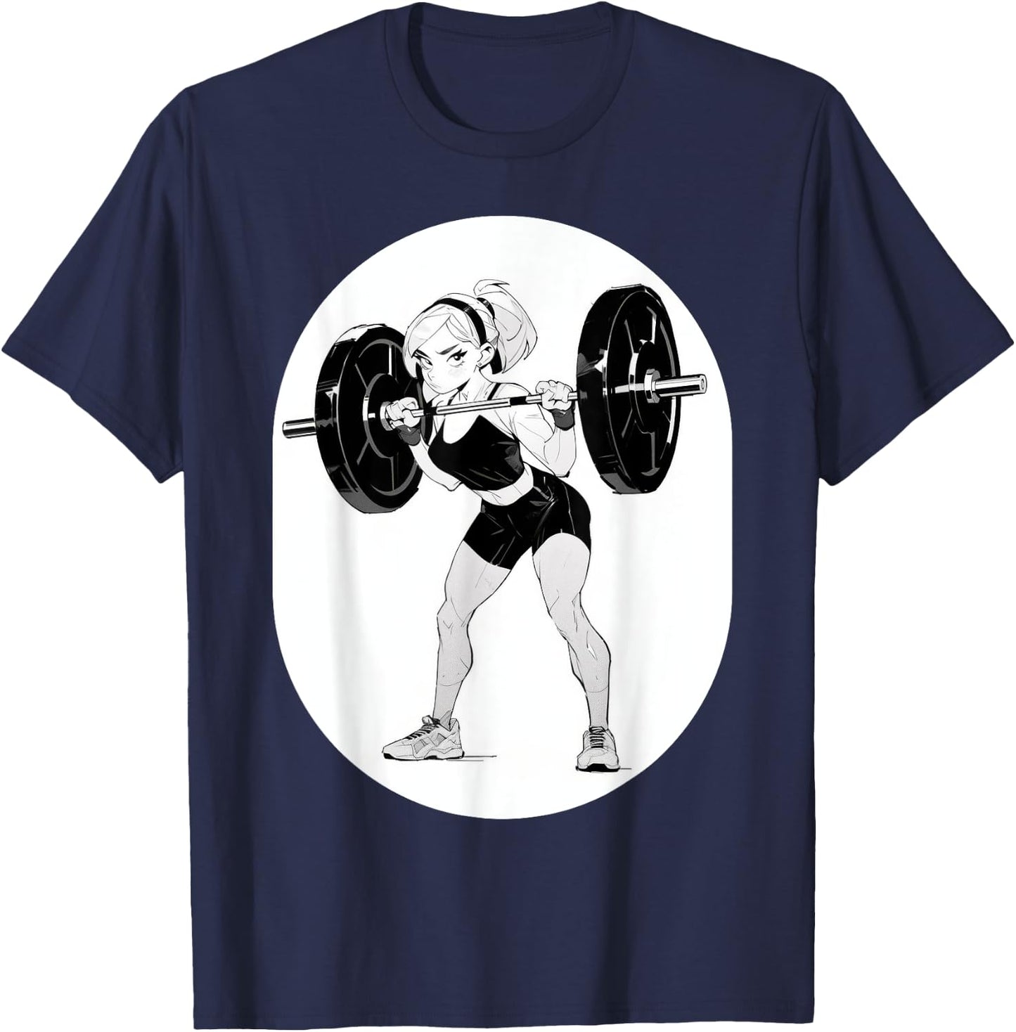 Anime & Manga Style Gym Girl holding Large Barbell T-Shirt - T-Shirt | Navy