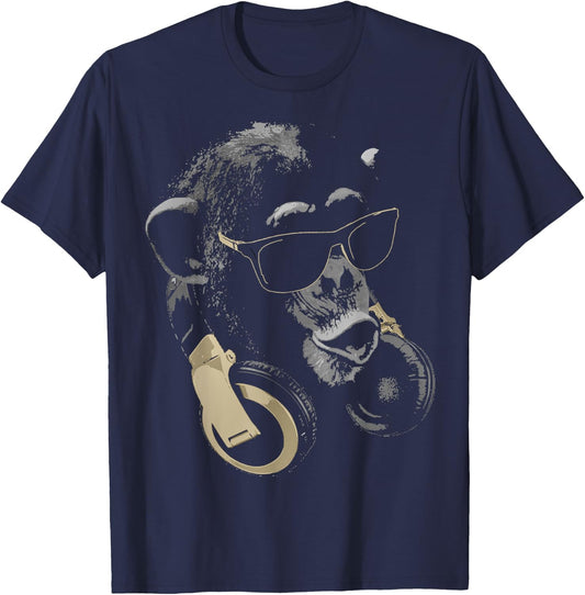Funny Cute Happy and Cool Animal Design Love Store Monkey Chimpanzee with Sunglasses and Headphones - Adults - Black - Small T-Shirt - T-Shirt | Navy