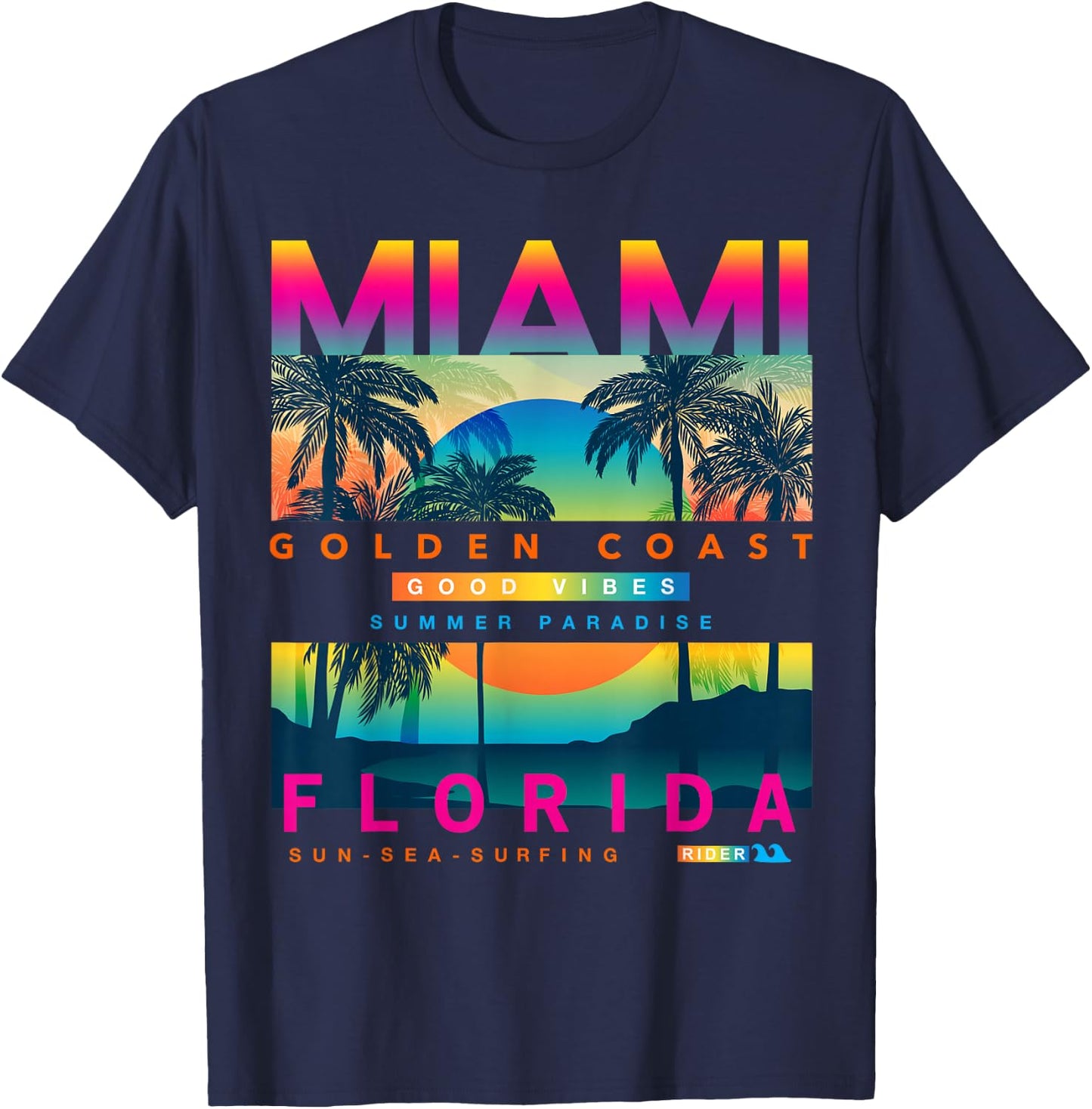 I Love Miami, Cool Miami Florida Colourful Sunrise Graphic T-Shirt - T-Shirt | Navy