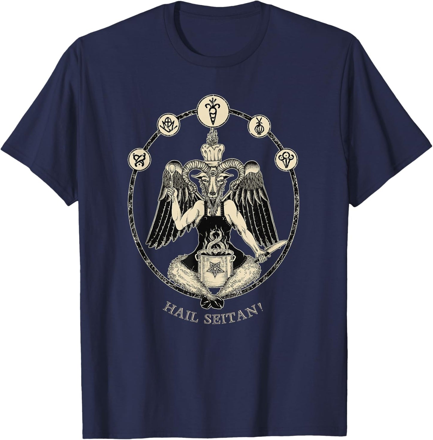 Hail Seitan! Satanic vegan chef Baphomet occult home cook T-Shirt - T-Shirt | Navy