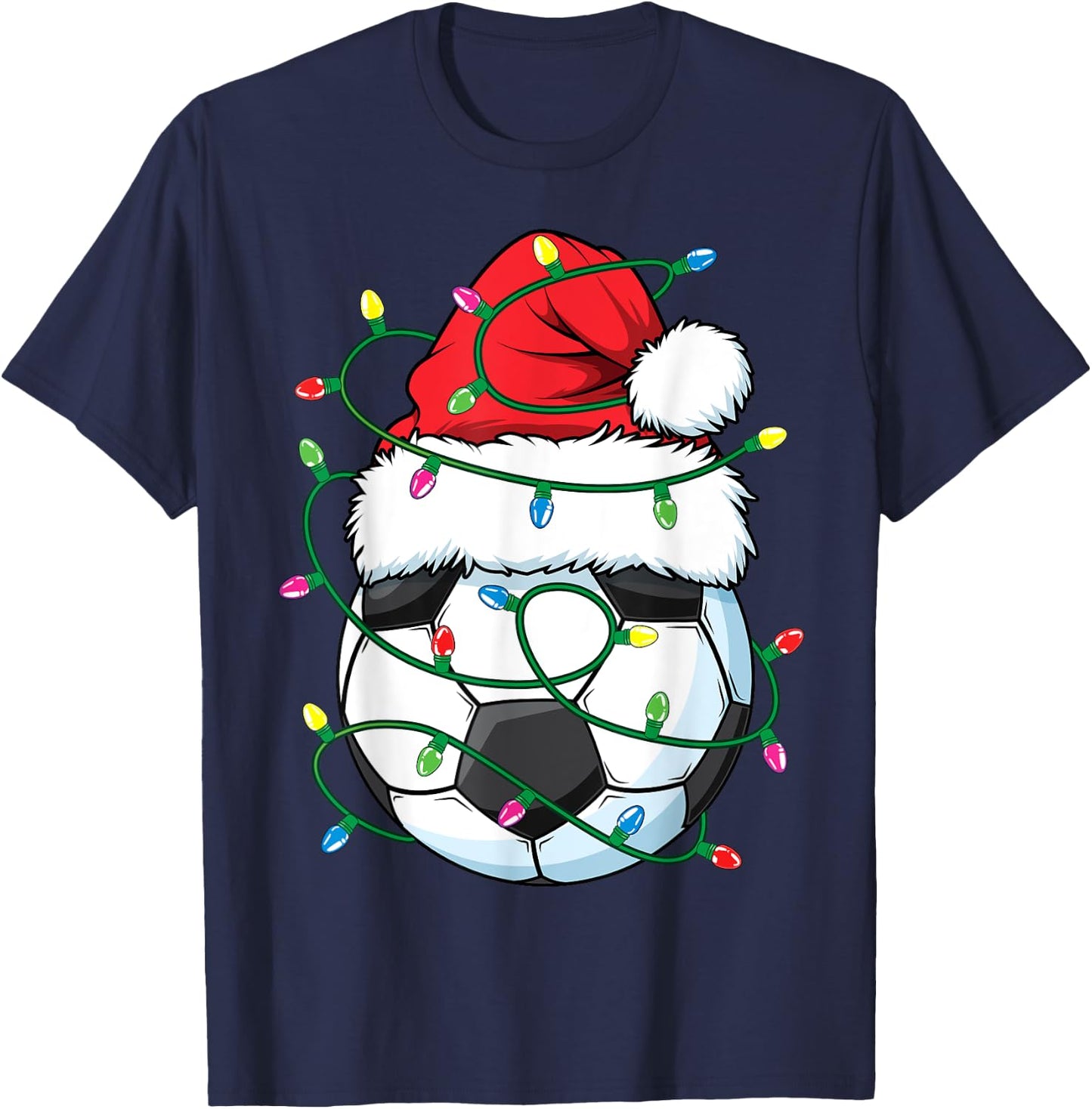 Funny Christmas Soccer Ball Santa Hat Xmas Lights Girls Boys T-Shirt - T-Shirt | Navy