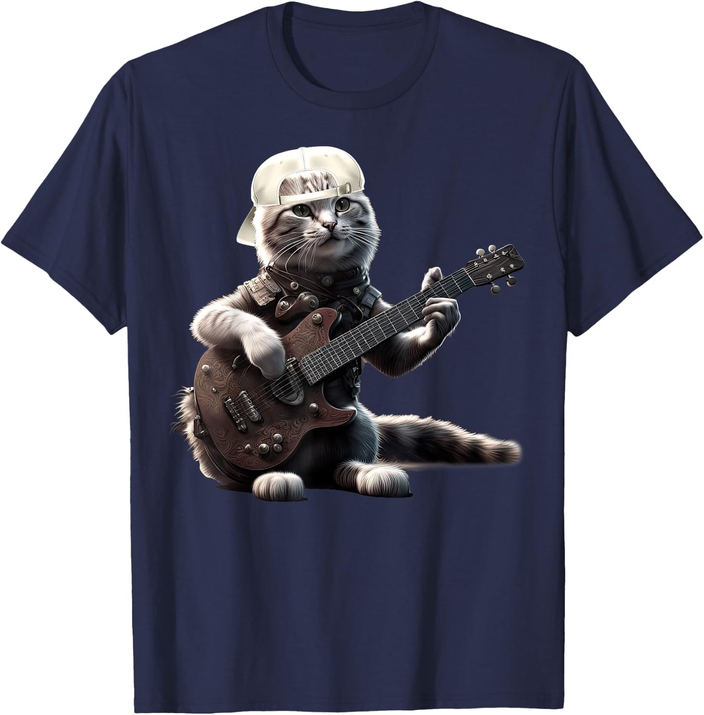 Cat Playing Guitar Funny Rock Music Gifts Women Kid T-Shirt - T-Shirt | Navy