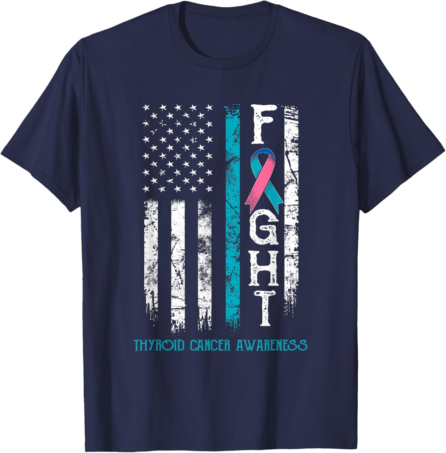 Thyroid Cancer Warrior US Flag T-Shirt - T-Shirt | Navy