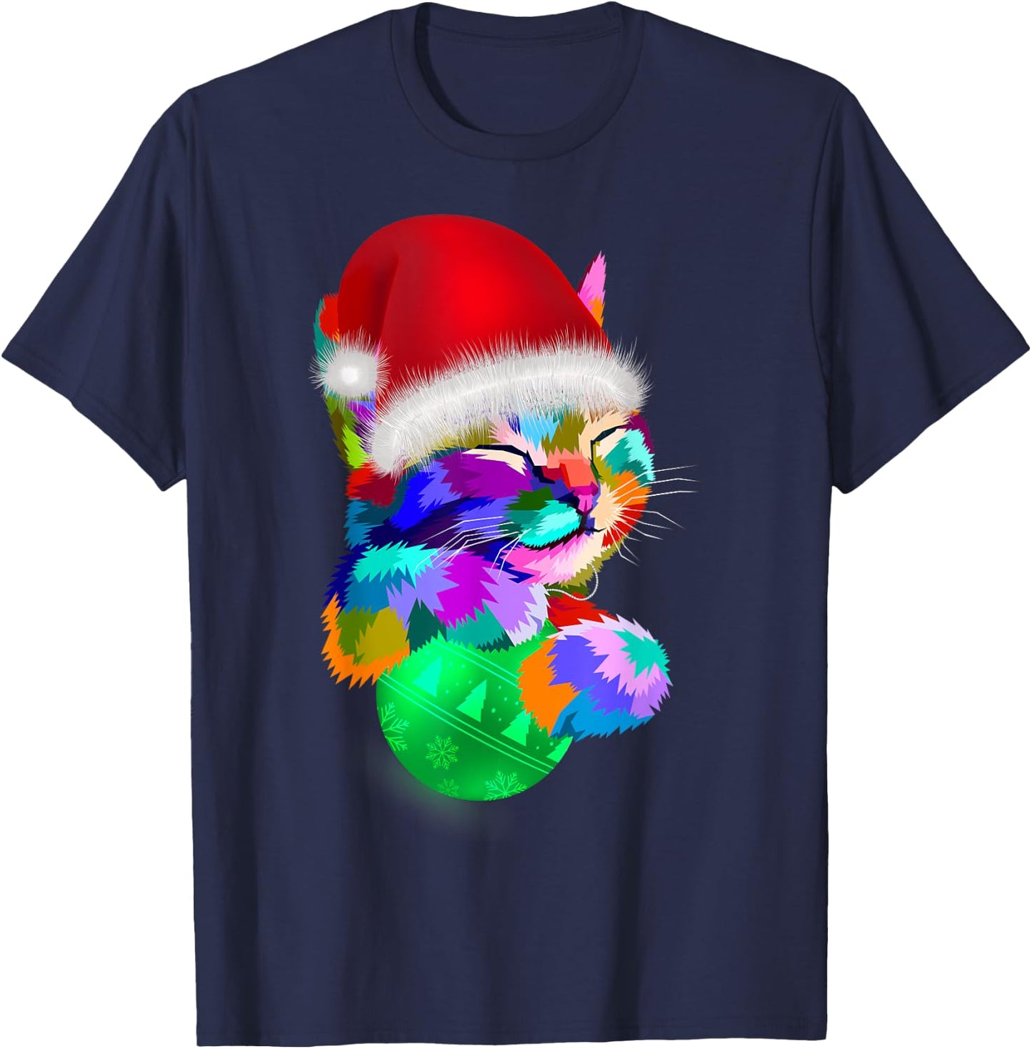 Cute Cat Colourful Funny Santa Hat Christmas Ball Costume Women Kids T-Shirt - T-Shirt | Navy