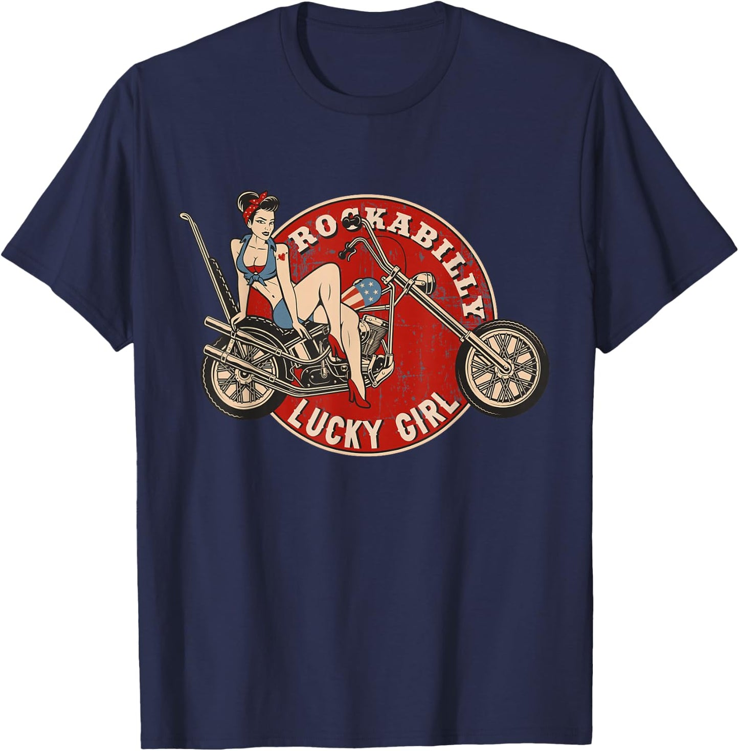 Motorcycle Pinup Girl Old School Rockabilly Lucky Girl T-Shirt - T-Shirt | Navy
