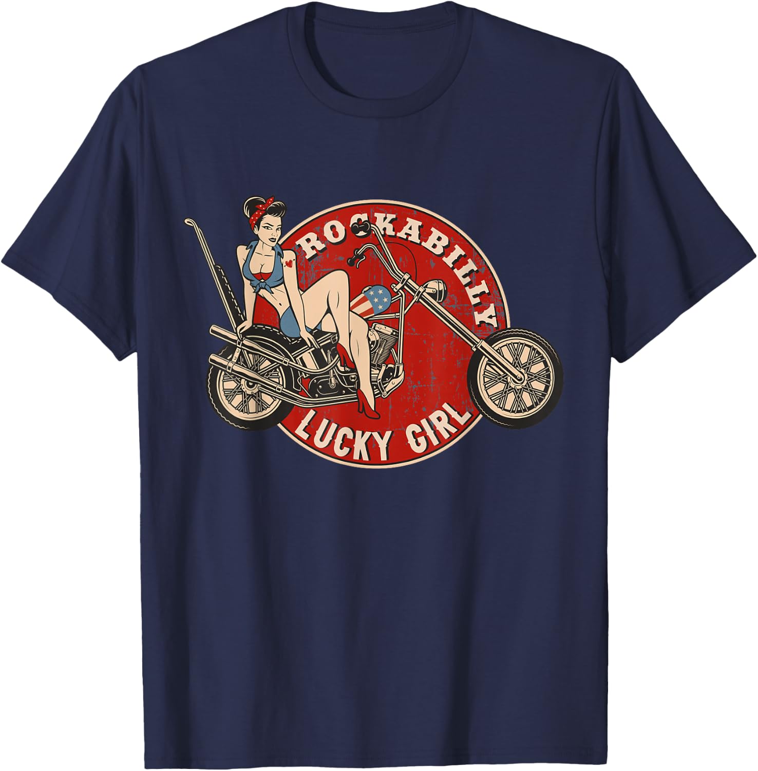 Motorcycle Pinup Girl Old School Rockabilly Lucky Girl T-Shirt - T-Shirt | Navy