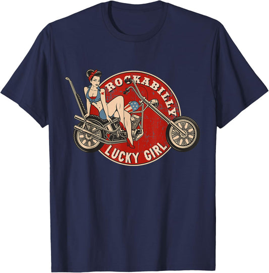 Motorcycle Pinup Girl Old School Rockabilly Lucky Girl T-Shirt - T-Shirt | Navy