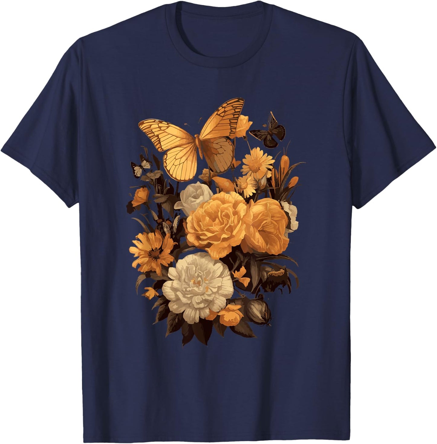 Vintage Flowers Floral Pressed Flower T-Shirt - T-Shirt | Navy
