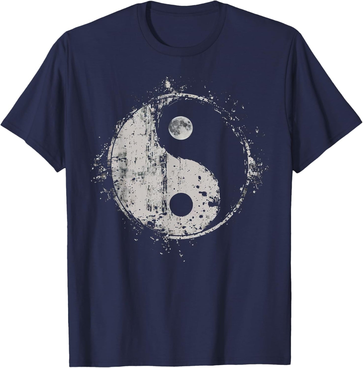 Distressed Yin Yang Moon Balance Spiritual Design T-Shirt - T-Shirt | Navy