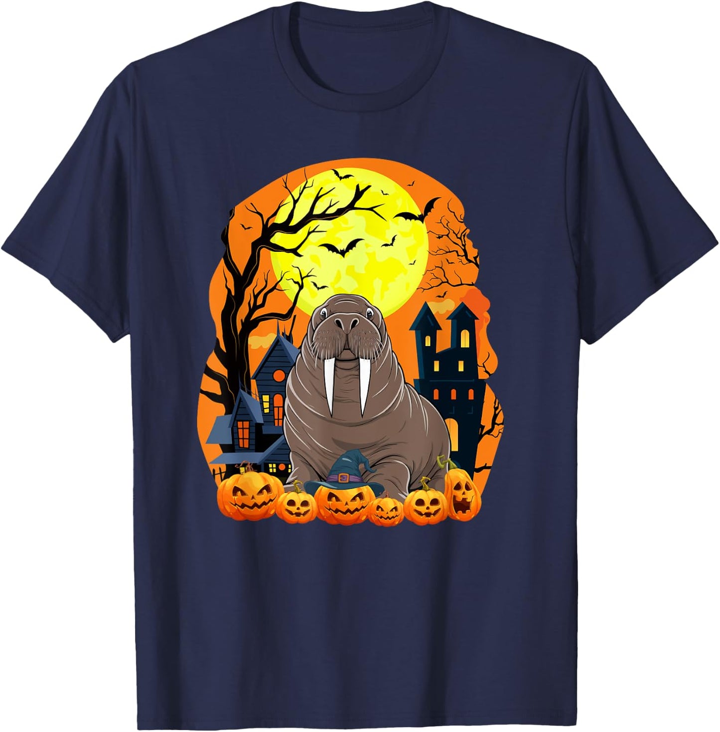 Walrus With Pumpkins Funny Scary Halloween Party T-Shirt - T-Shirt | Navy
