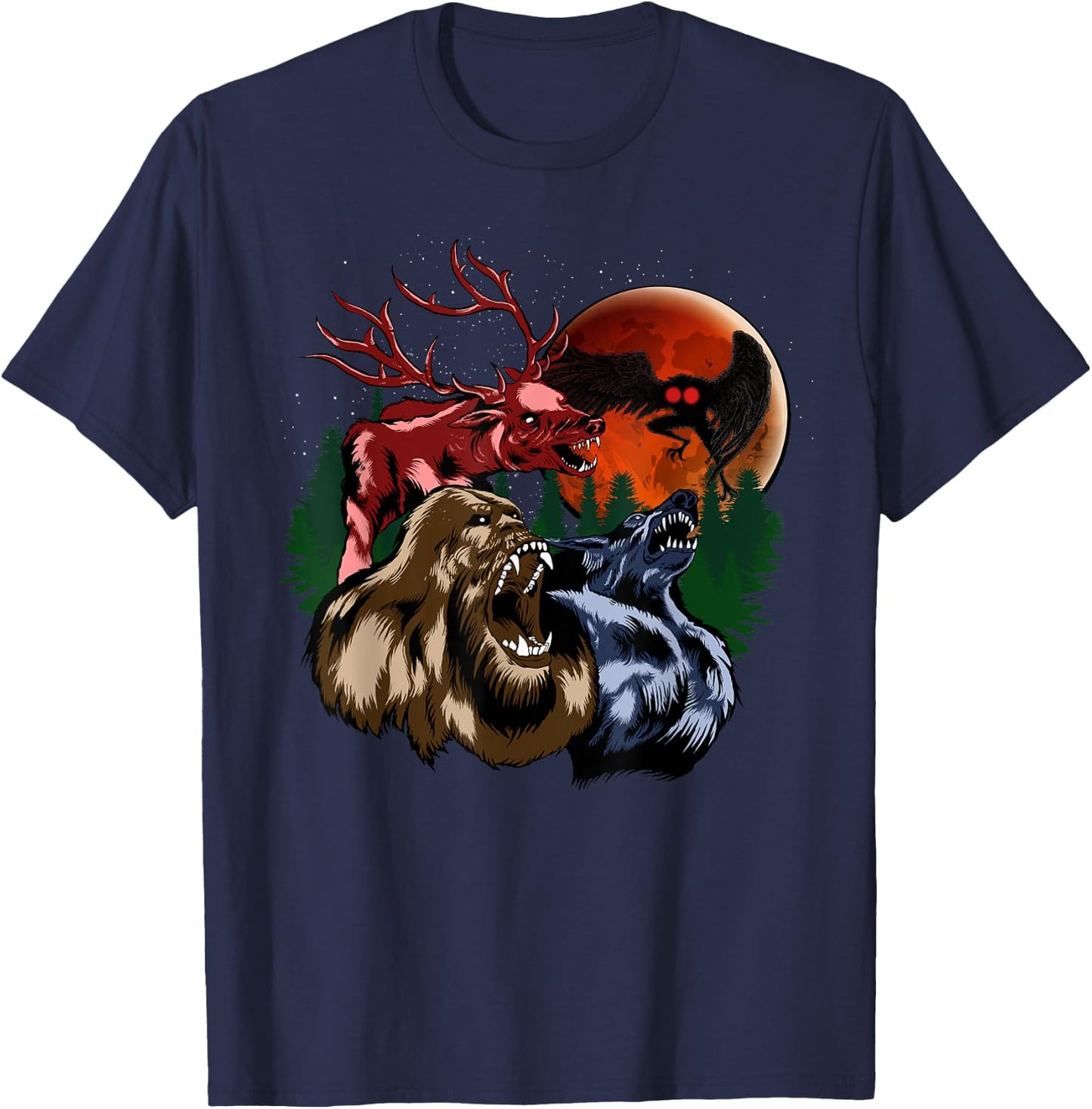 Three Cryptid Moon - Sasquatch, Dogman, Wendigo, Mothman T-Shirt - T-Shirt | Navy