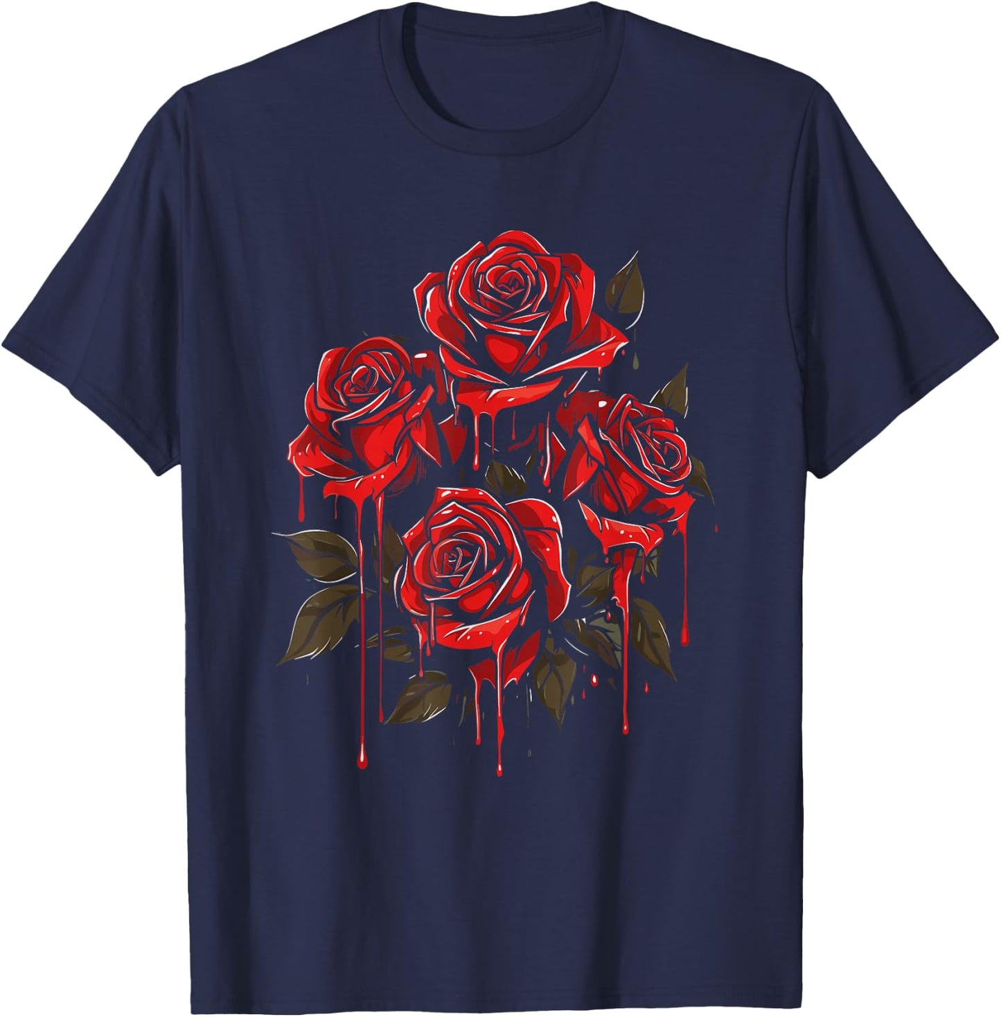 Red Rose Floral - Gothic Flower Goth Dripping Rose T-Shirt - T-Shirt | Navy