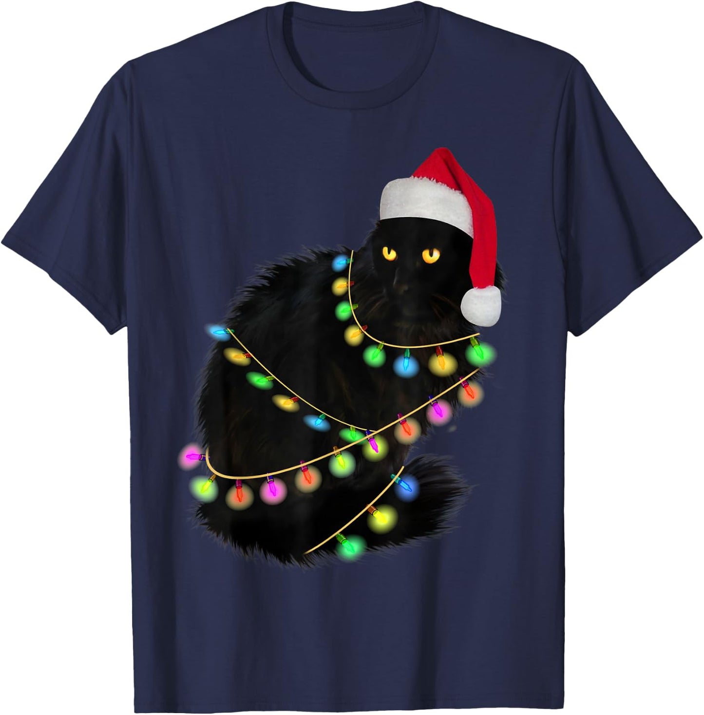 Black Cat Santa Hat Light Tree Funny Ugly Christmas Sweater T-Shirt - T-Shirt | Navy