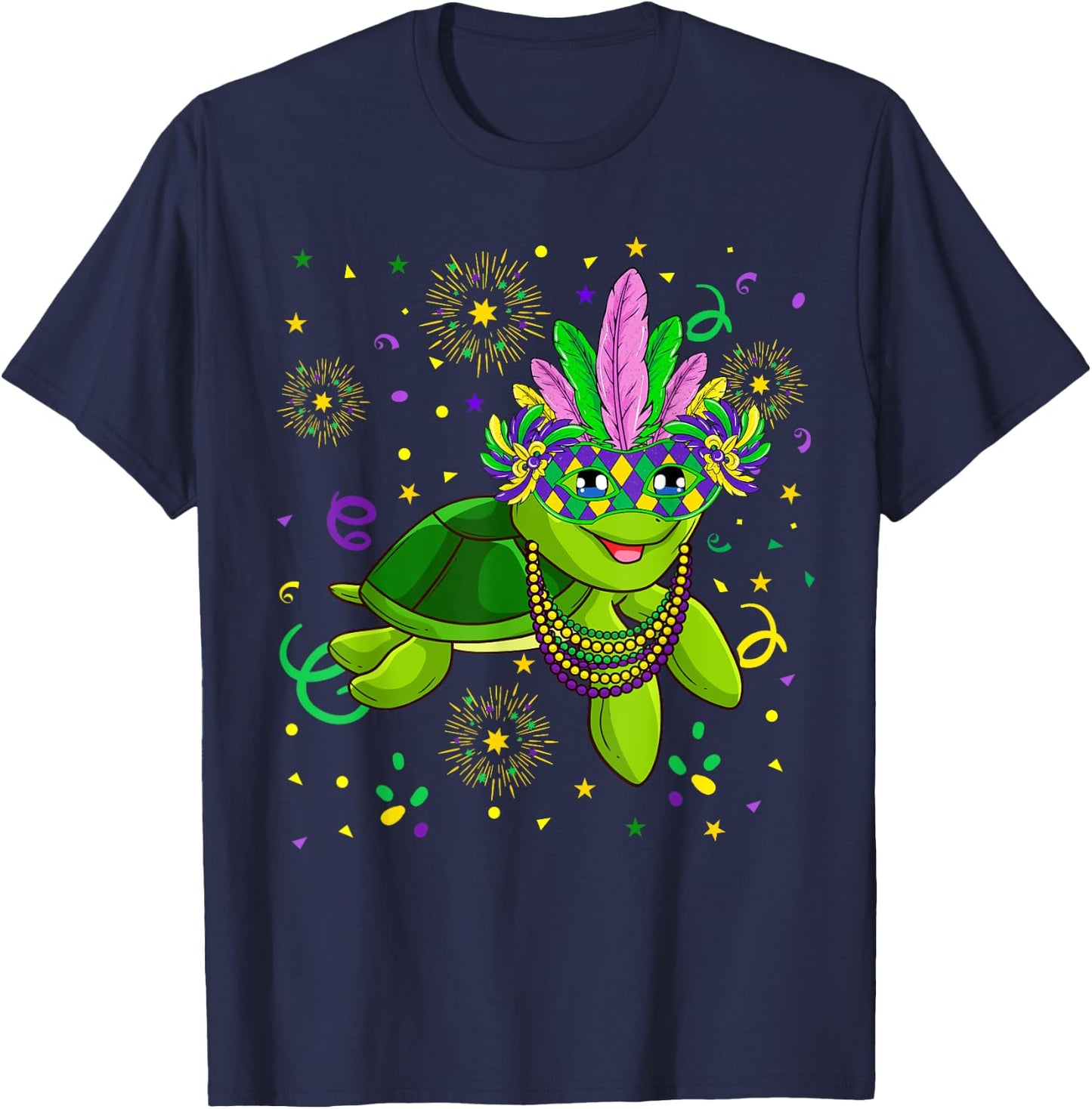 Mardi Gras 2021 Cute Turtle With Feather Mask Parade Fans T-Shirt - T-Shirt | Navy