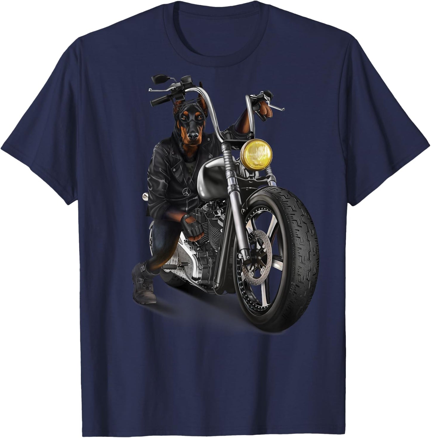 Doberman Dog Biker on a Classic Chopper Motorcycle T-Shirt - T-Shirt | Navy