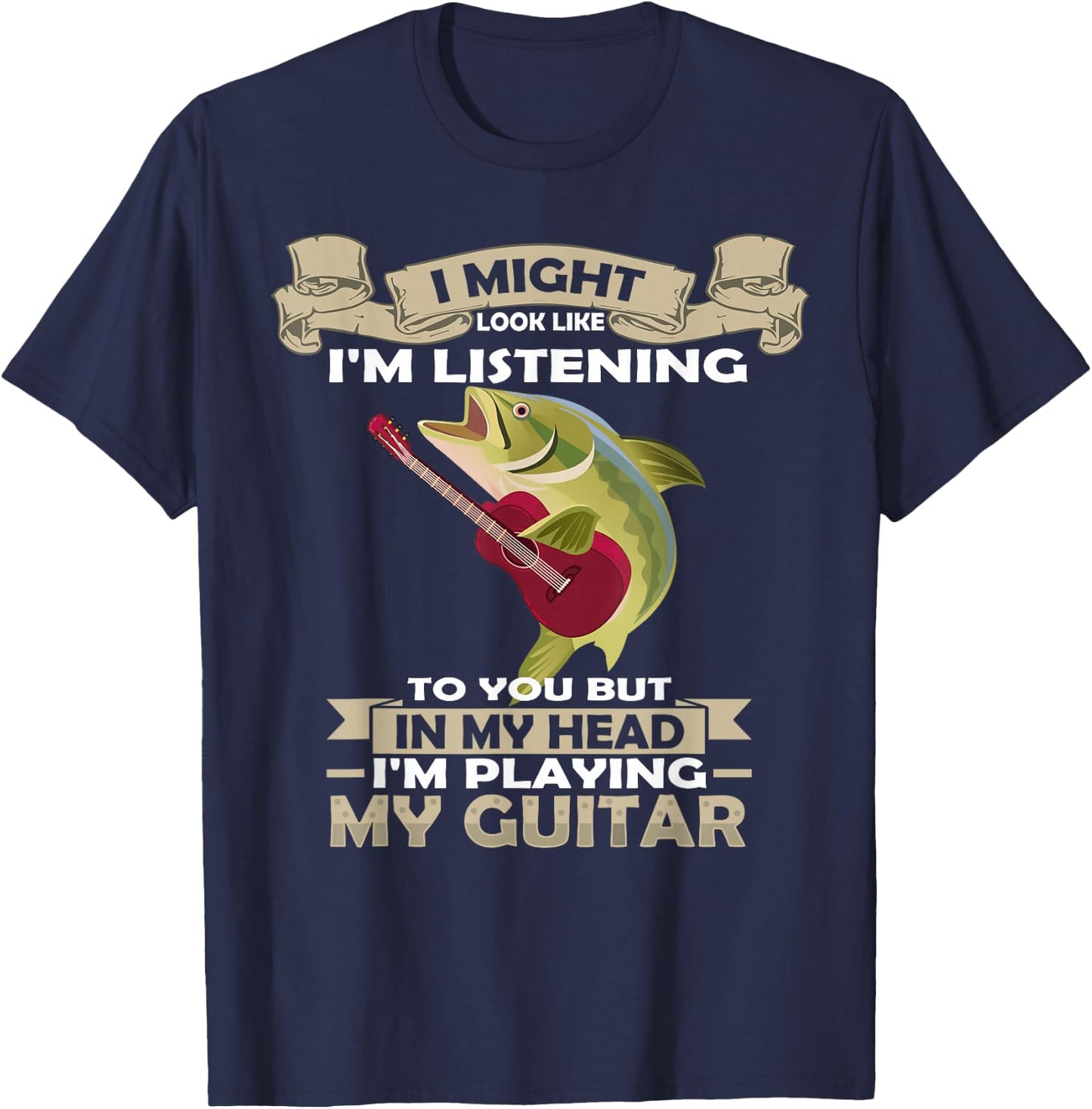 Fish Playing Acoustic Guitar Musical Fans Band Lover T-Shirt - T-Shirt | Navy