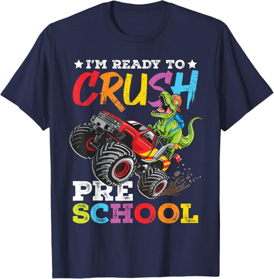 Crush Preschool Back To School Monster Truck Dinosaur T-Shirt - T-Shirt | Navy