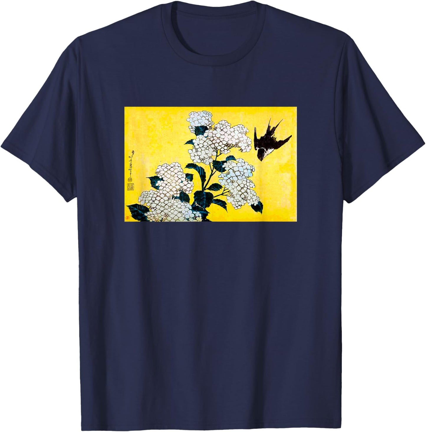 The Art of Print by MCMA - Digitally Enhanced Art Japanese Art Bird and Cherry Blossoms Graphic Design -Adults Black Small T-Shirt - T-Shirt | Navy