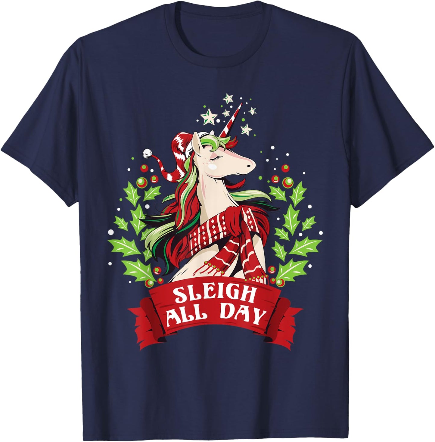 Sleigh All Day Cute Santa Unicorn Christmas T-Shirt - T-Shirt | Navy