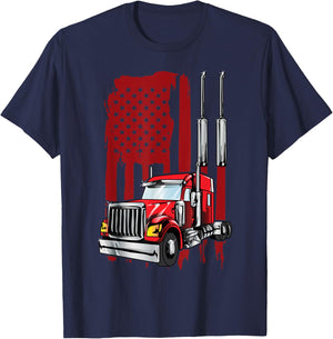 American Flag Semi Truck Driver Truck Lovers Trucker Women Kids Men T-Shirt - T-Shirt | Navy