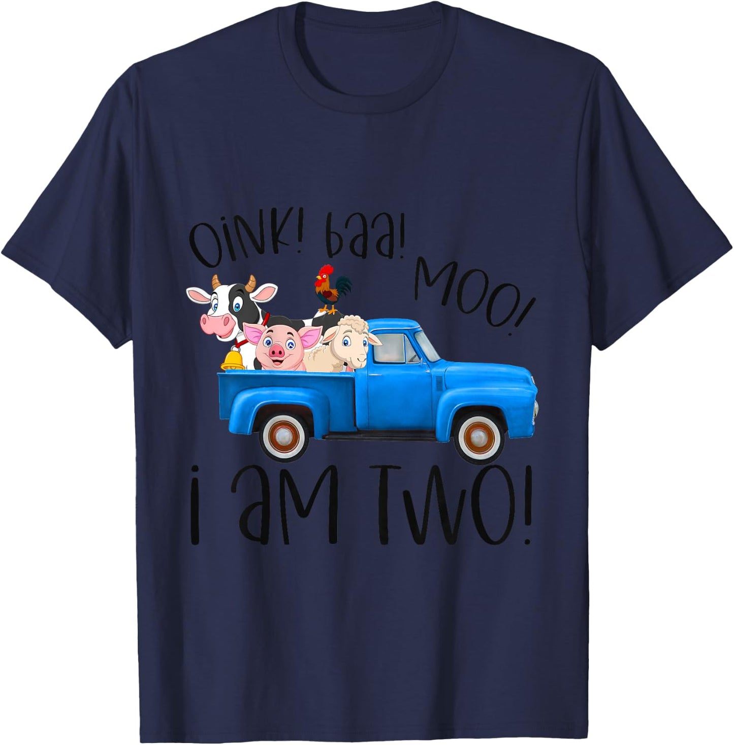 Kids Oink Baa Moo I Am Two Farm Animals Blue Truck Birthday Boy T-Shirt - T-Shirt | Navy
