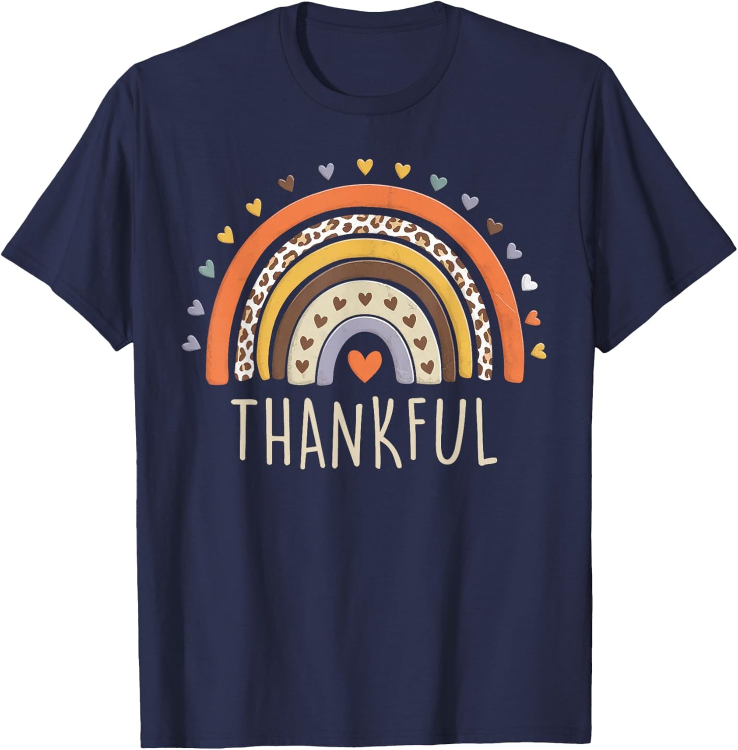 Leopard Rainbow Thankful Thanksgiving Teacher Women Kids T-Shirt - T-Shirt | Navy