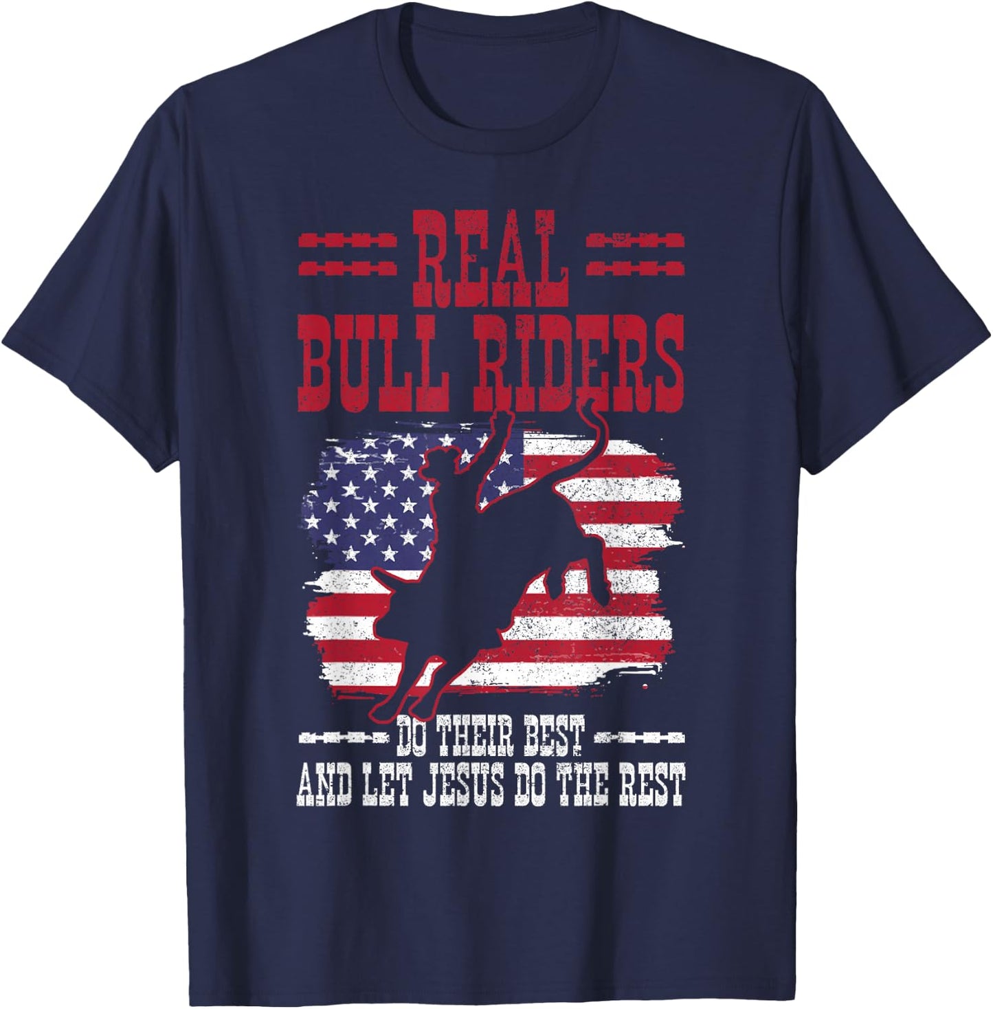 Bull Riding American Flag Rodeo Patriotic Christian Rider T-Shirt - T-Shirt | Navy