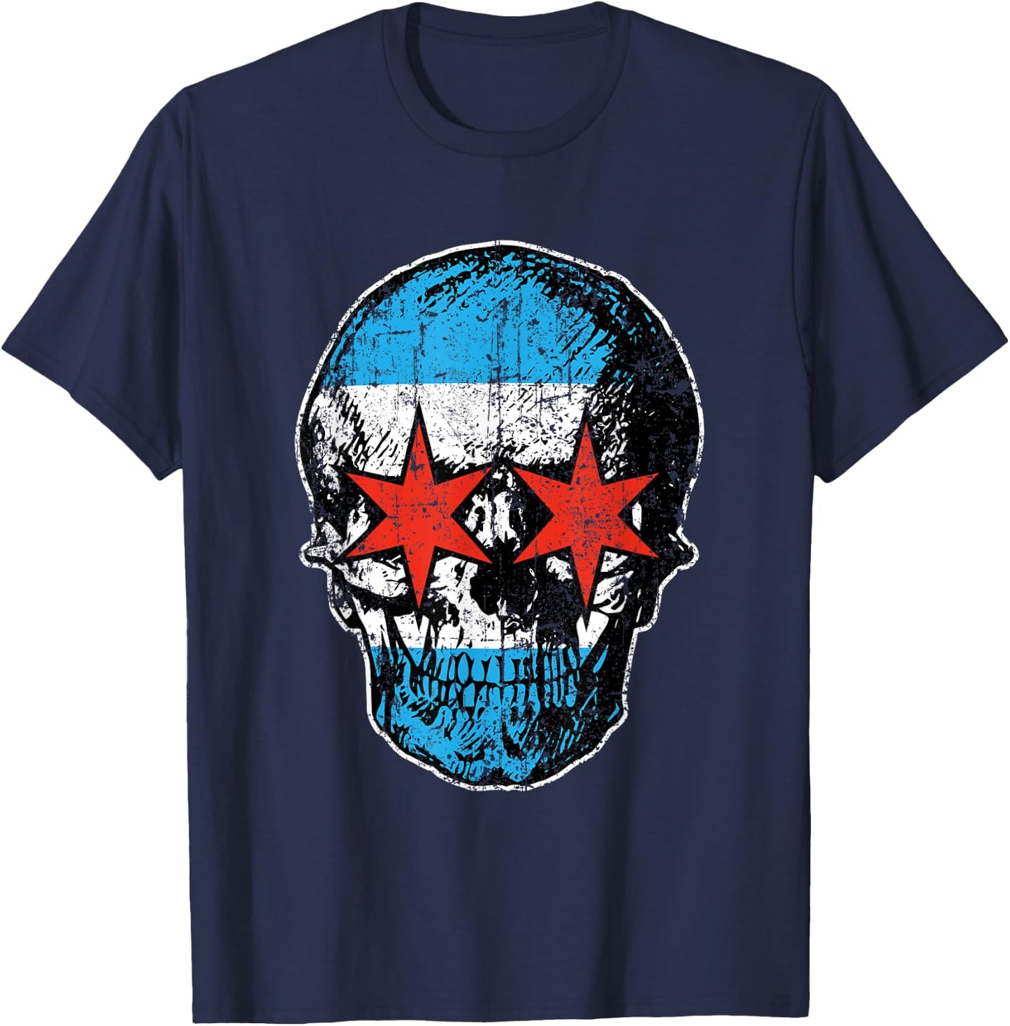 Vintage Distressed Chicago Flag Skull City Pride T-Shirt - T-Shirt | Navy