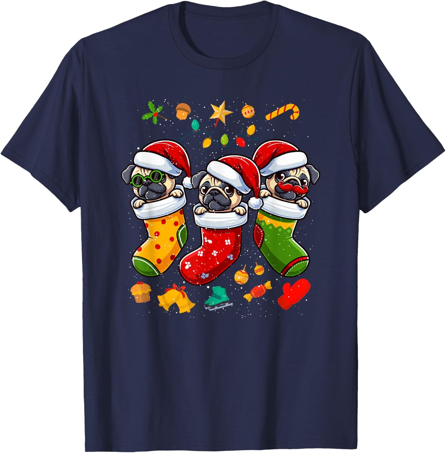Pug Santa Claus Christmas Stocking Dog X-Mas Dogs T-Shirt - T-Shirt | Navy