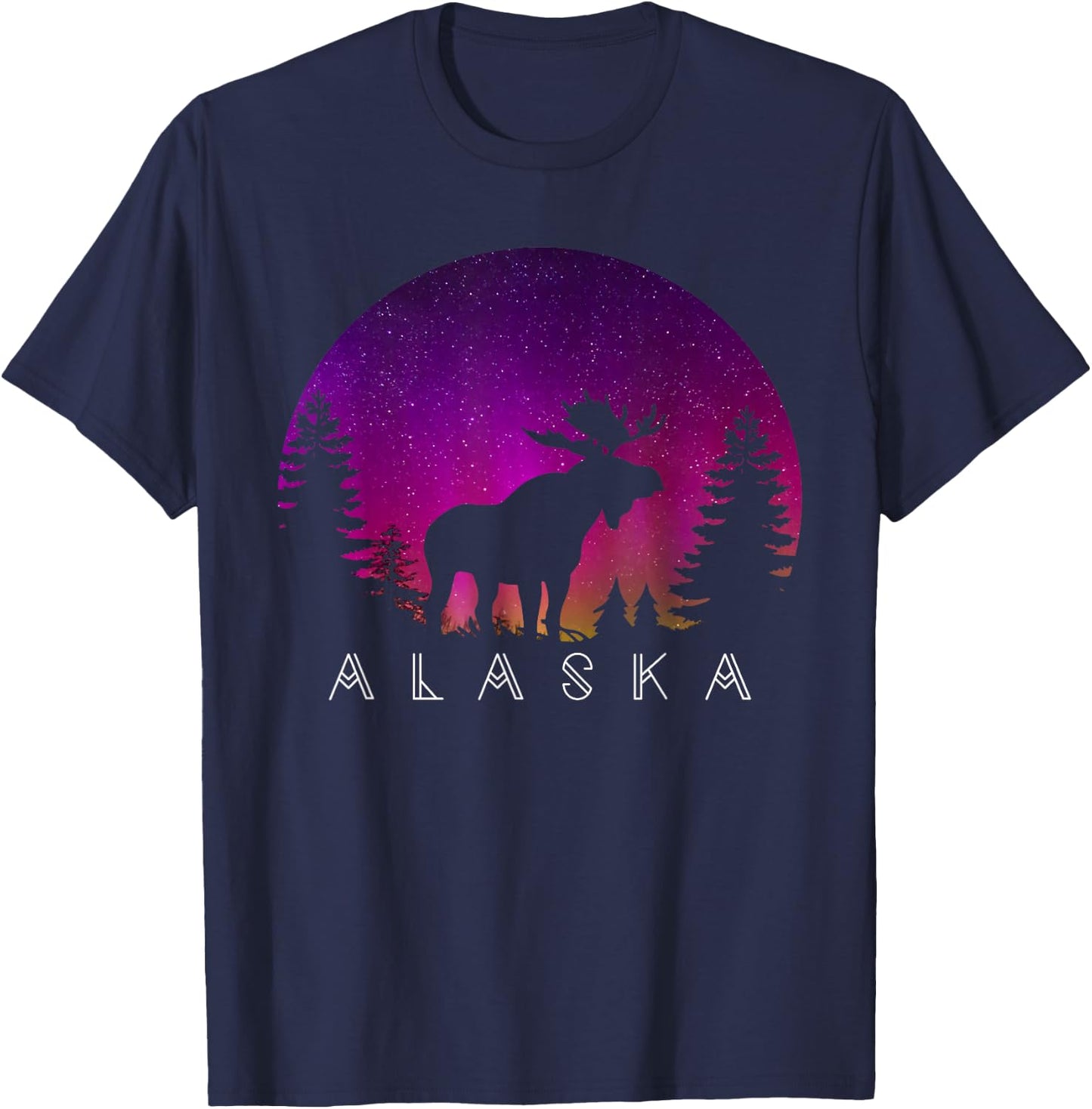 Alaska Moose Aurora Borealis - Alaskan Landscape Photo T-Shirt - T-Shirt | Navy