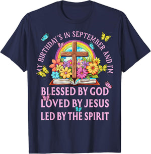 Blessed By God September Birth Month Rainbow And Flowers T-Shirt - T-Shirt | Navy