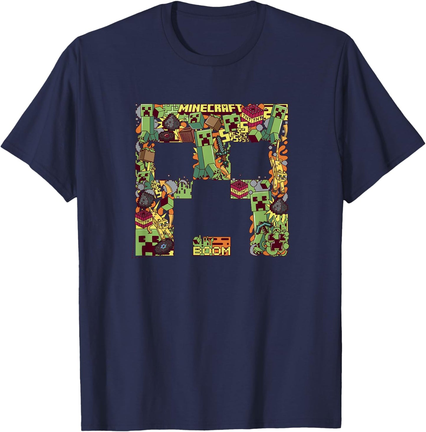 Minecraft Creeper Big Face Collage T-Shirt - T-Shirt | Navy