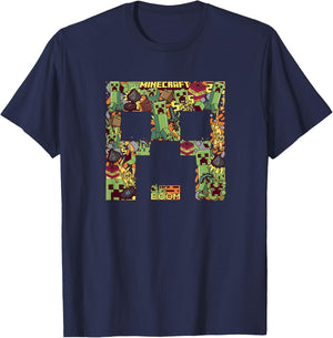 Minecraft Creeper Big Face Collage T-Shirt - T-Shirt | Navy