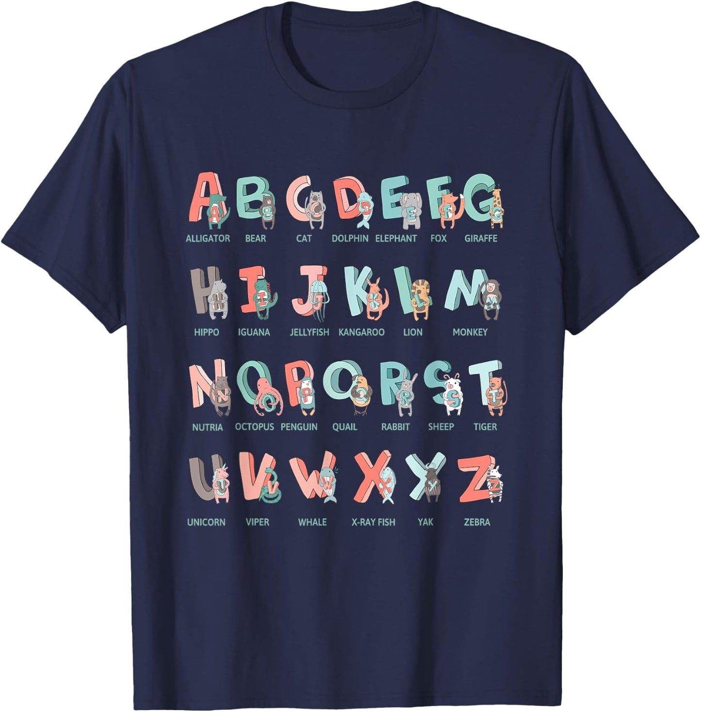 Alphabet Animals I School Beginner Students Children Girls Boys T-Shirt - T-Shirt | Navy