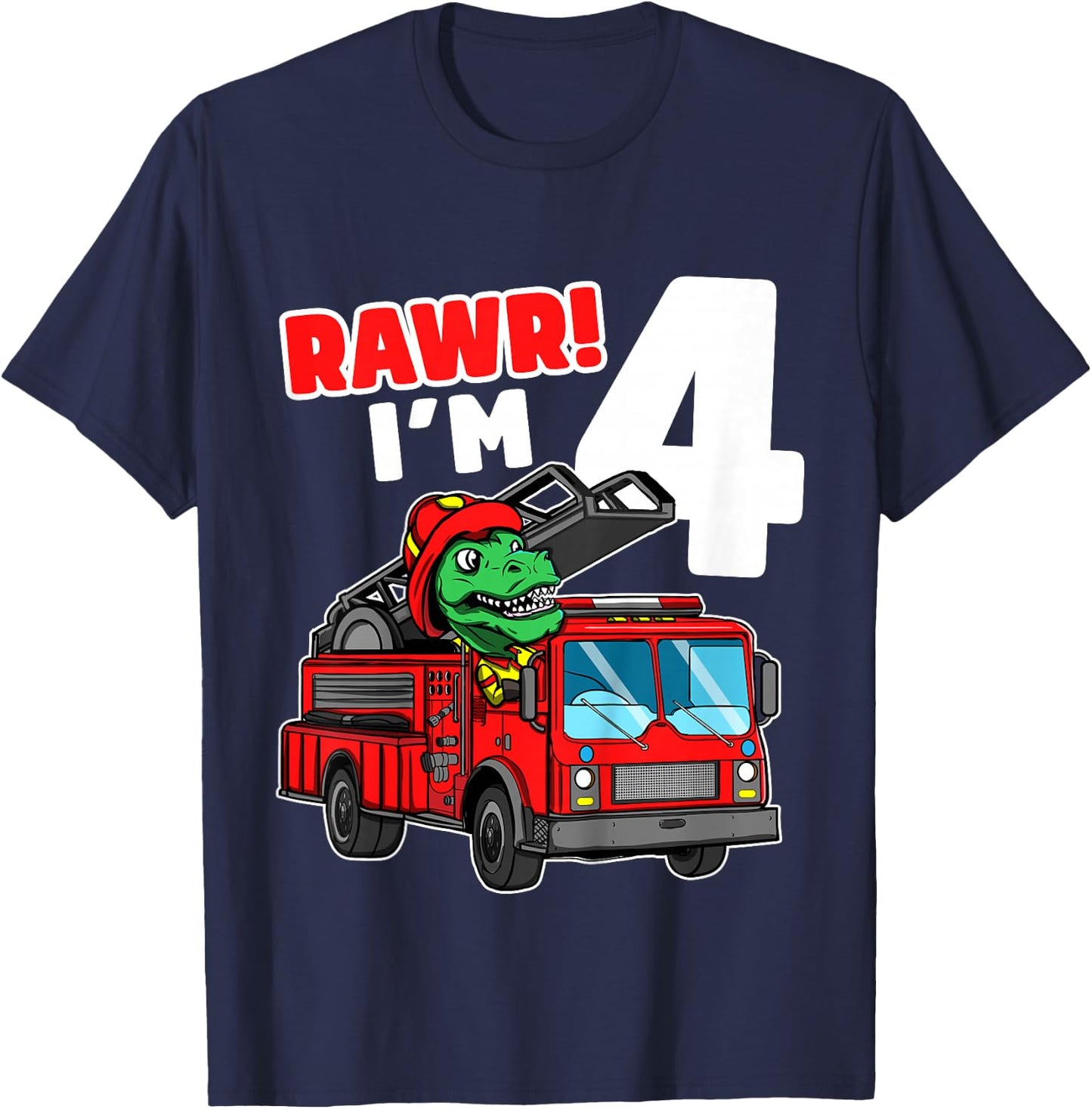 Kids Dinosaur Fire Truck 4th Birthday Boy T-Rex Firefighter 4 T-Shirt - T-Shirt | Navy