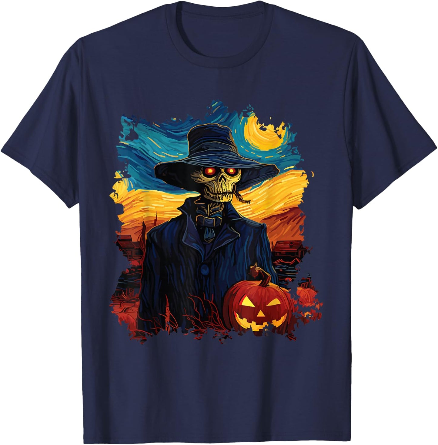 Skeleton's Halloween Party With Lighted Pumpky Funny T-Shirt - T-Shirt | Navy