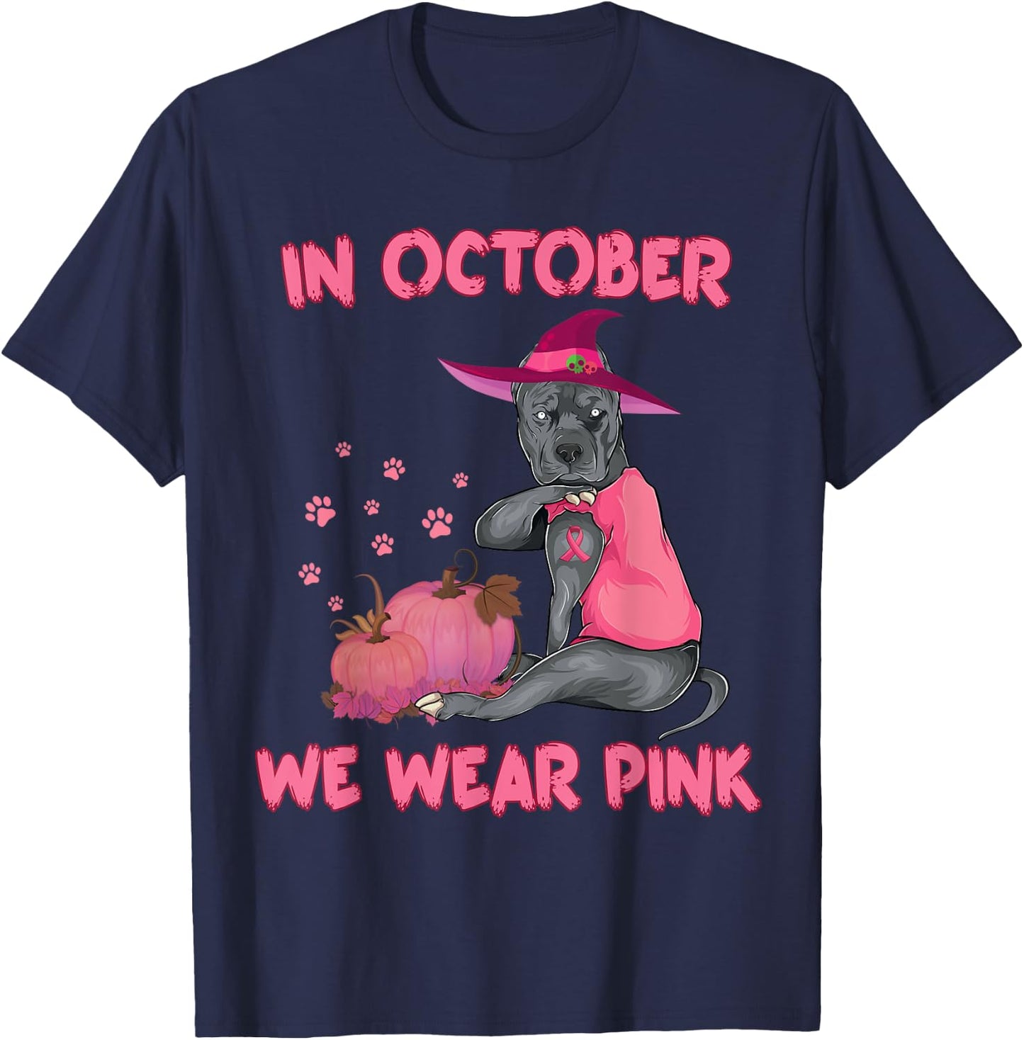 In October We Wear Pink Pitbull Dog Breast Cancer Halloween Men Women Girls Kids T-Shirt - T-Shirt | Navy