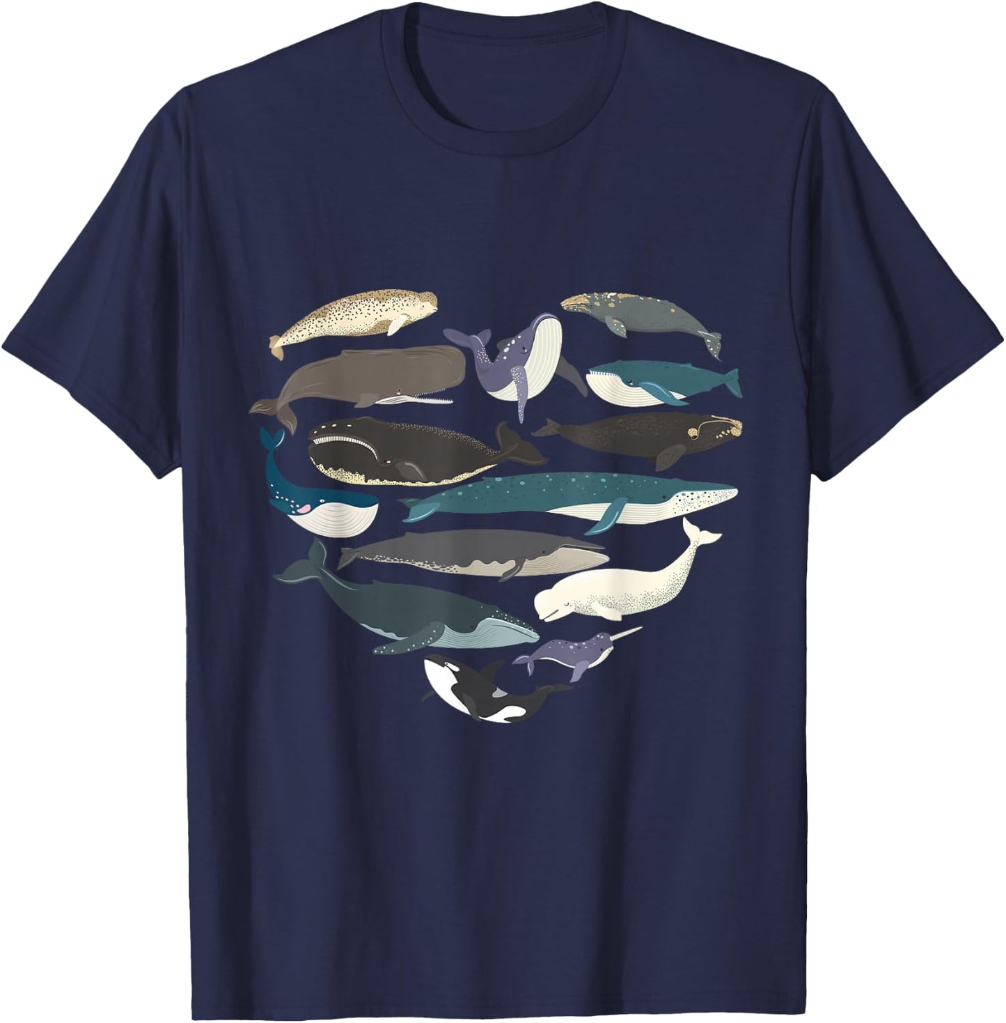 Whales Heart Shape Cute Ocean Mammals Whale Breeds Species T-Shirt - T-Shirt | Navy