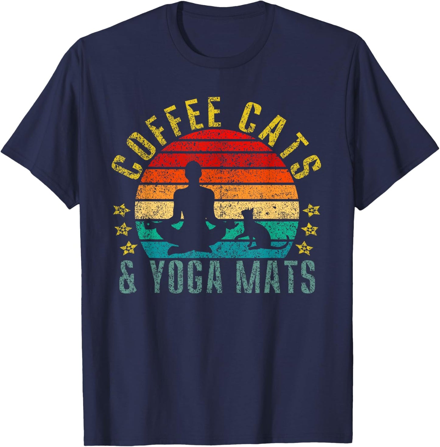 Coffee, Cats & Yoga Mats Funny Retro T-Shirt - T-Shirt | Navy