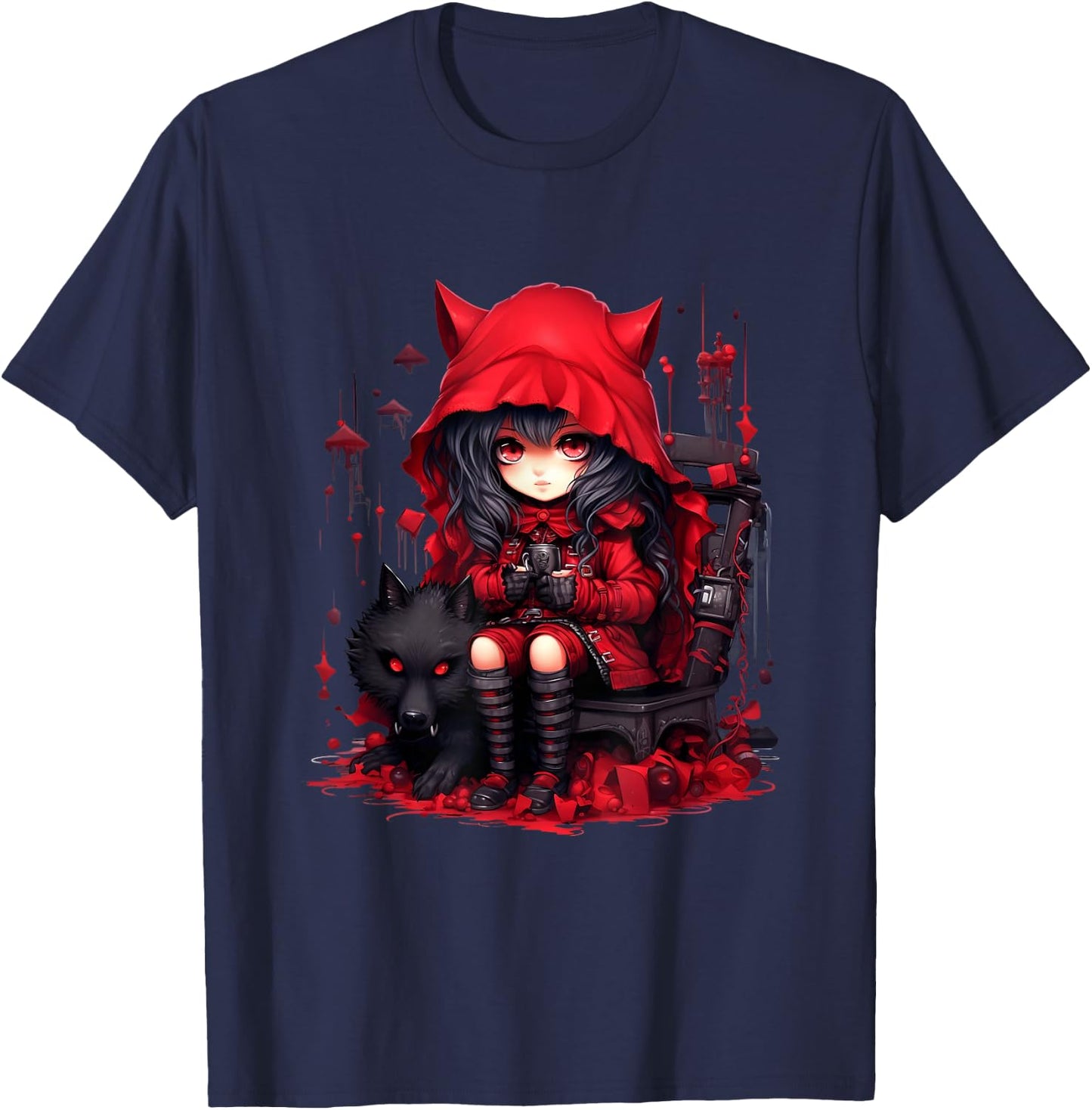 Chibi Little Red Riding Hood & Bad Wolf | Anime Kawaii Style T-Shirt - T-Shirt | Navy