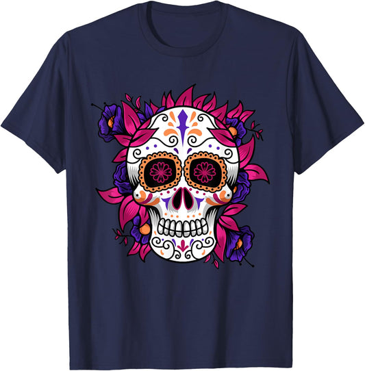 Flower Sugar Skull Funny Day Of The Dead Gift Women T-Shirt - T-Shirt | Navy